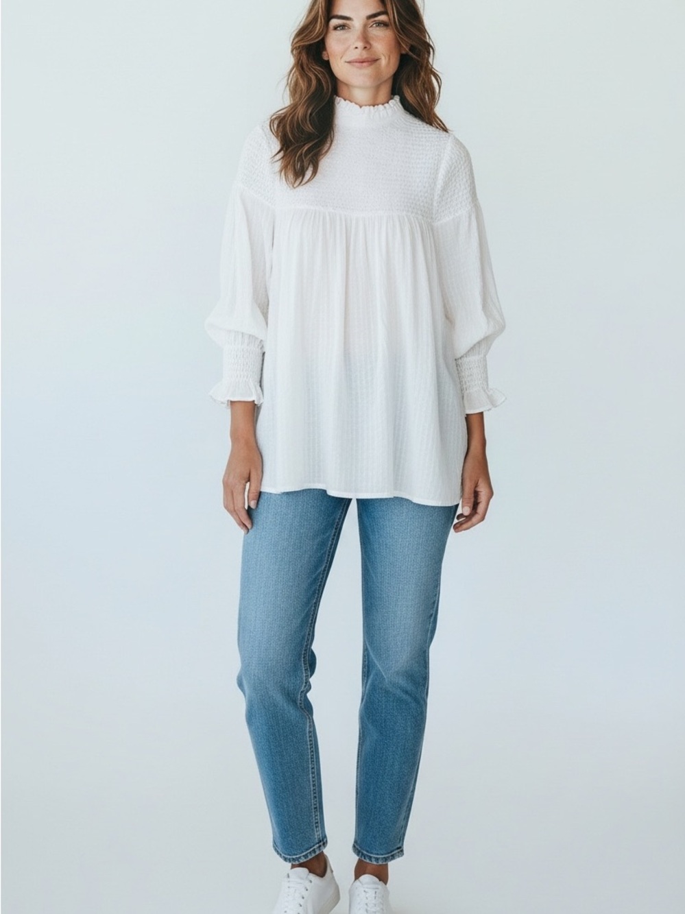 66 Free People White Smocked Yoke Ruffle Neck Tunic Top